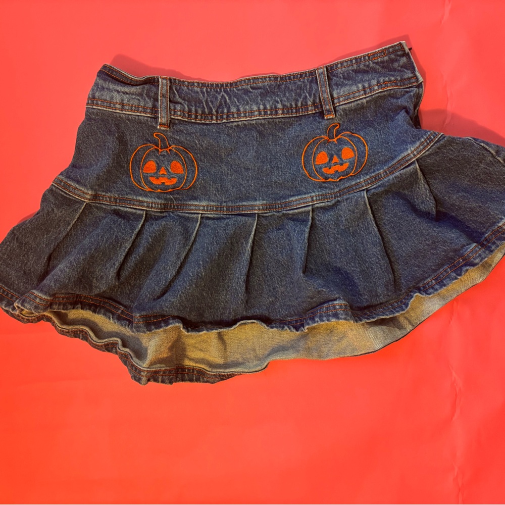 Mini Jean Skirt With Pumpkin Embroidery